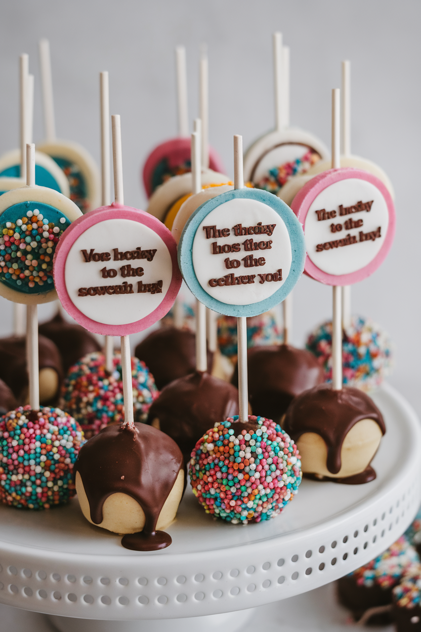 Colorful sprinkle cake pops on sticks arranged on a display tray, perfect for a festive celebration.