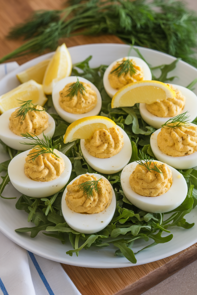 Deviled eggs garnished with dill and lemon slices on a bed of fresh arugula. Perfect appetizer for any occasion.