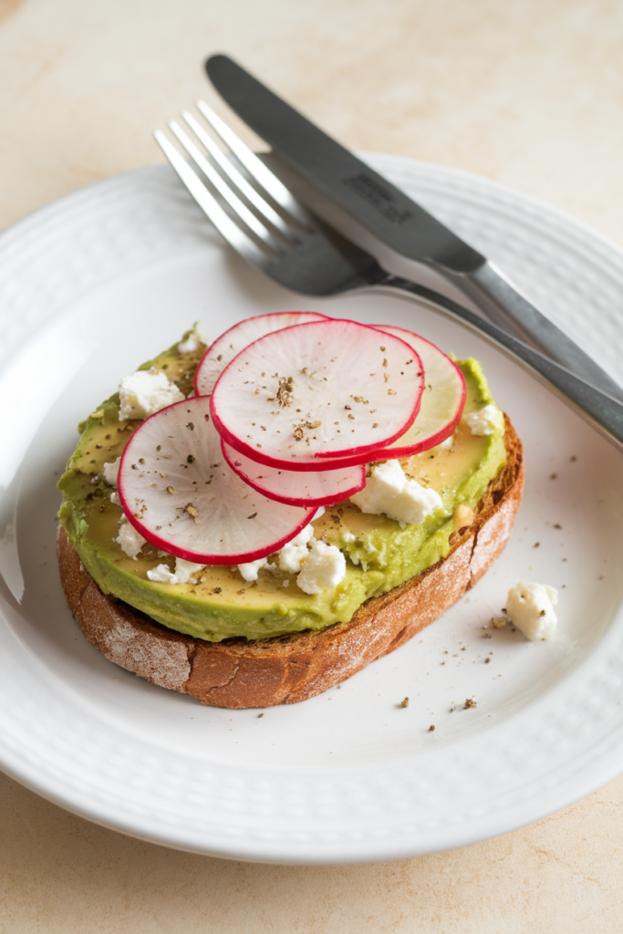 Avocado toast with radish slices and feta on a white plate, served with a fork and knife.