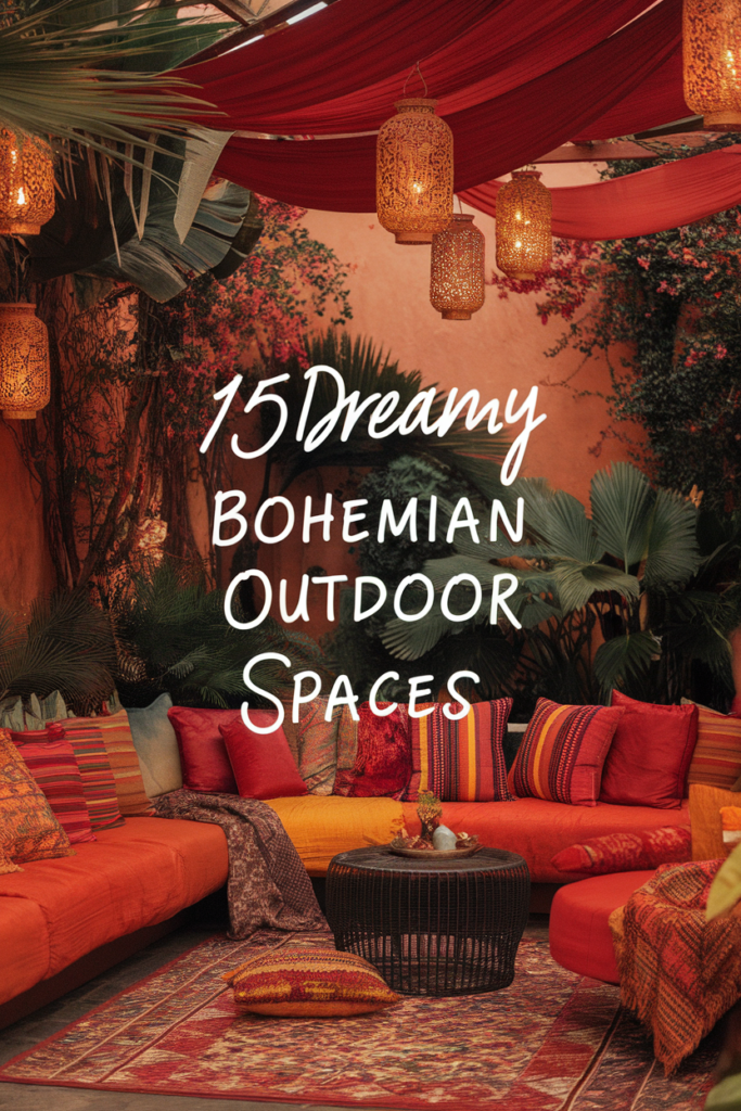 Bohemian outdoor space with vibrant decor, woven lanterns, and cozy seating, titled 15 Dreamy Bohemian Outdoor Spaces.