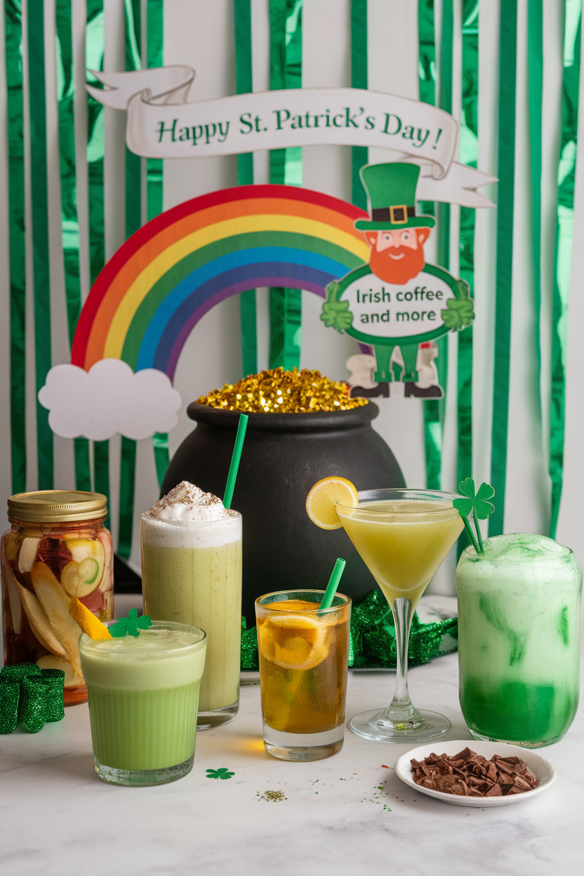 St. Patrick's Day drinks display with rainbow and pot of gold, featuring Irish coffee and festive beverages.