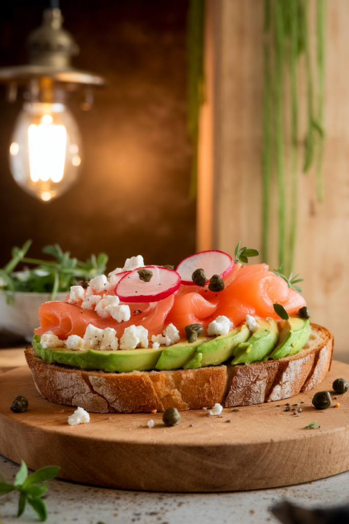 Gourmet toast topped with smoked salmon, avocado, radish, feta cheese, and capers on a rustic board.