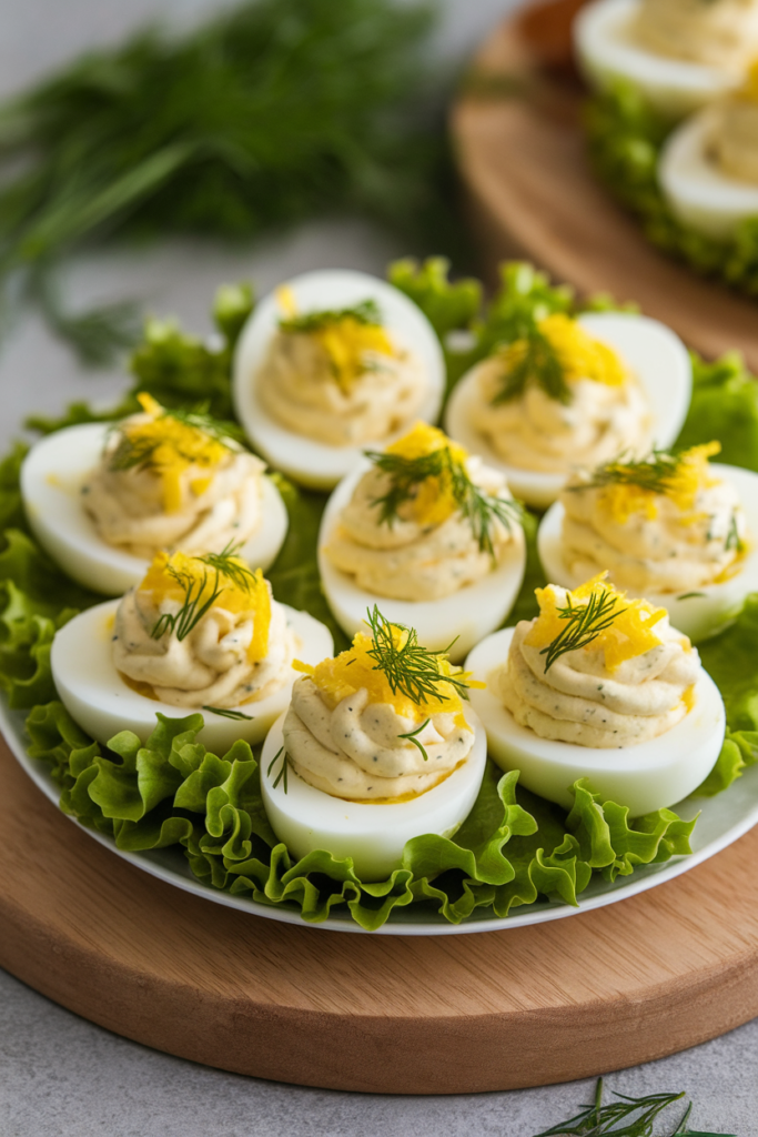 Plate of deviled eggs garnished with dill and cheese on a bed of lettuce, perfect appetizer or snack.