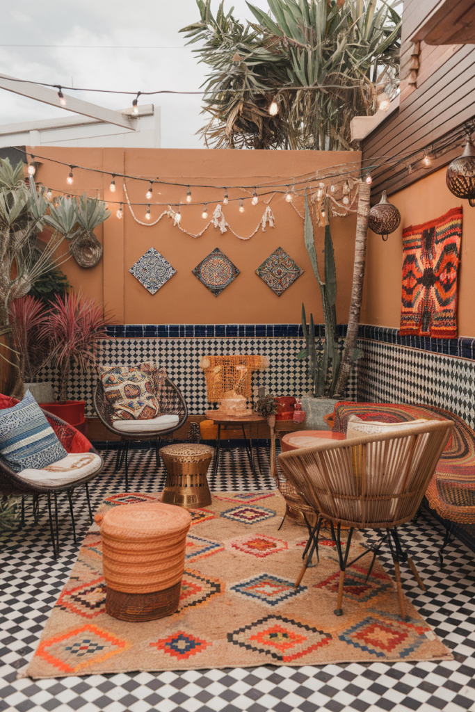 Bohemian outdoor patio with colorful decor, patterned rugs, woven chairs, and string lights. Cozy and stylish ambiance.