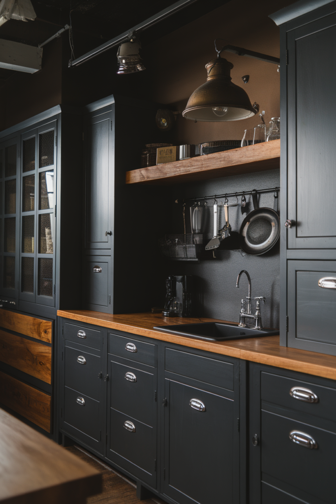 Industrial-style kitchen with dark cabinets, wood countertops, and vintage lighting. Hanging utensils and sink.