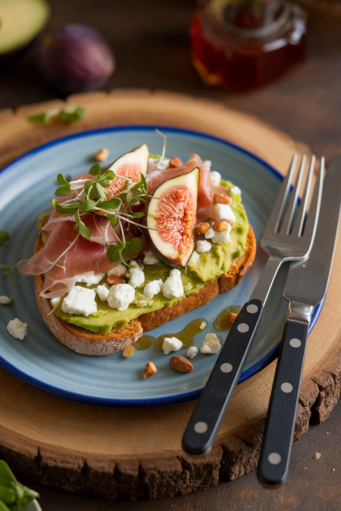 Gourmet toast with avocado, prosciutto, figs, goat cheese, microgreens, and nuts on a blue plate.