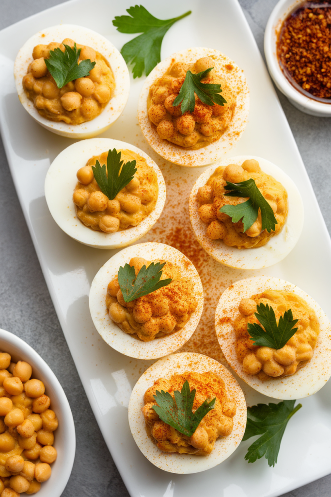 Chickpea deviled eggs garnished with parsley on a white platter, perfect appetizer for parties.