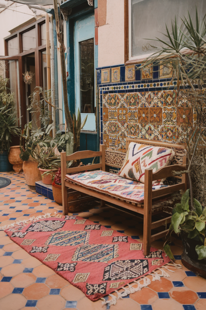 Rustic bench with colorful cushions, vibrant tiled wall, and patterned rug in cozy, plant-filled patio setting.