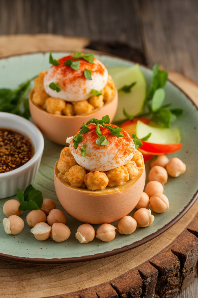 Chickpea and egg dish with fresh herbs, served in a decorative bowl on a rustic wooden surface.