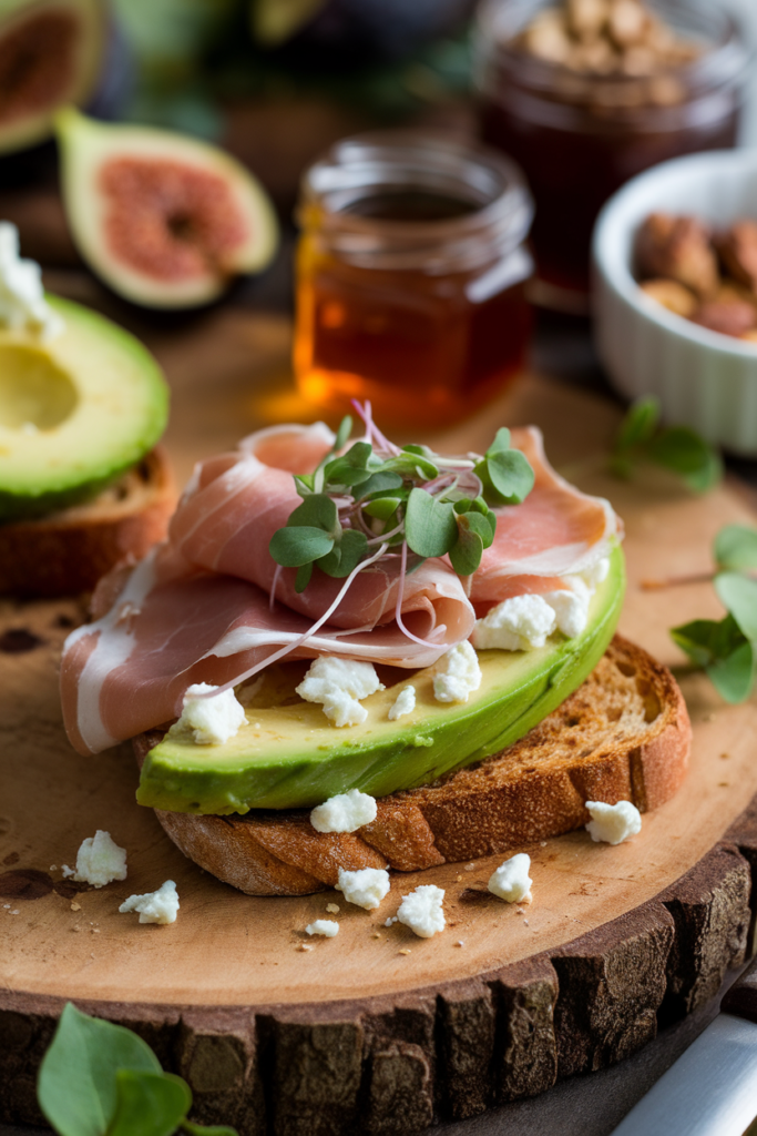 Avocado toast topped with prosciutto, goat cheese, and microgreens, surrounded by figs and honey.