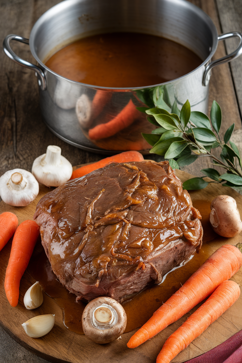 Roast beef with carrots, mushrooms, and garlic, served with savory broth in a pot on a rustic wooden table.