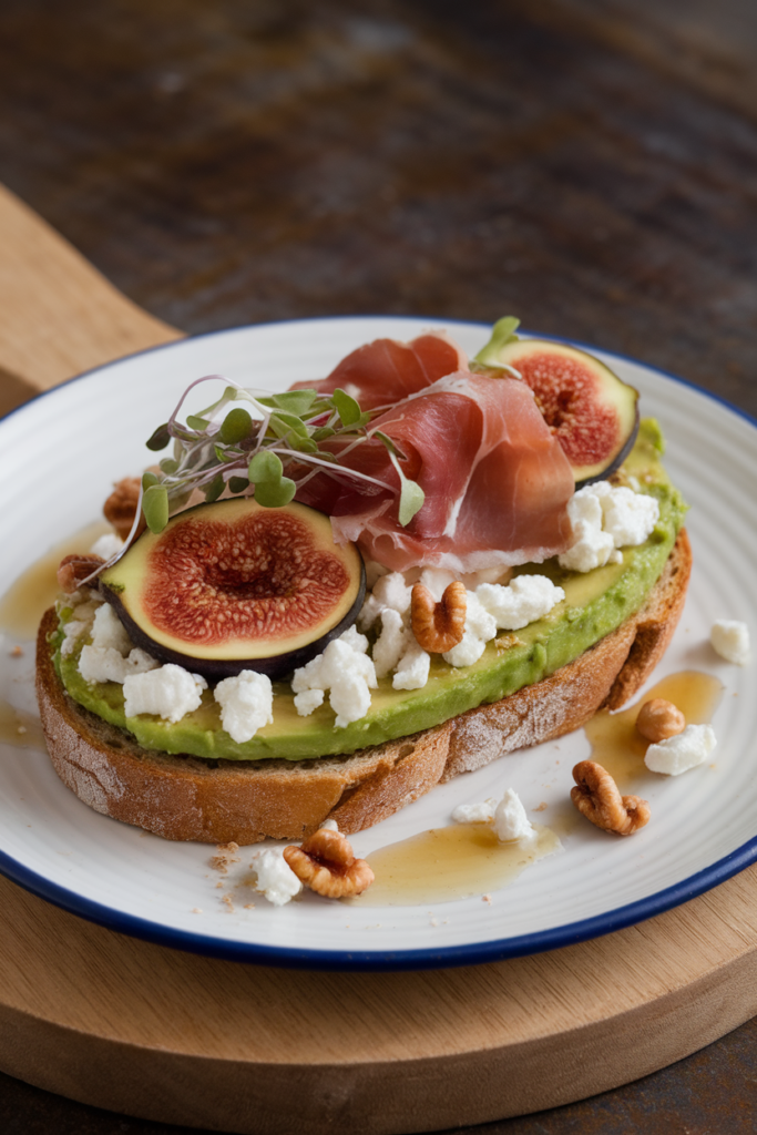 Gourmet toast with avocado, figs, prosciutto, goat cheese, walnuts, and microgreens on a rustic plate.