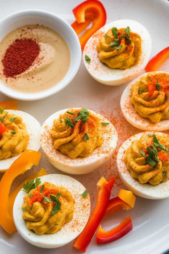 Delicious deviled eggs with paprika, herbs, and sliced bell peppers on a plate, served with a creamy dip.