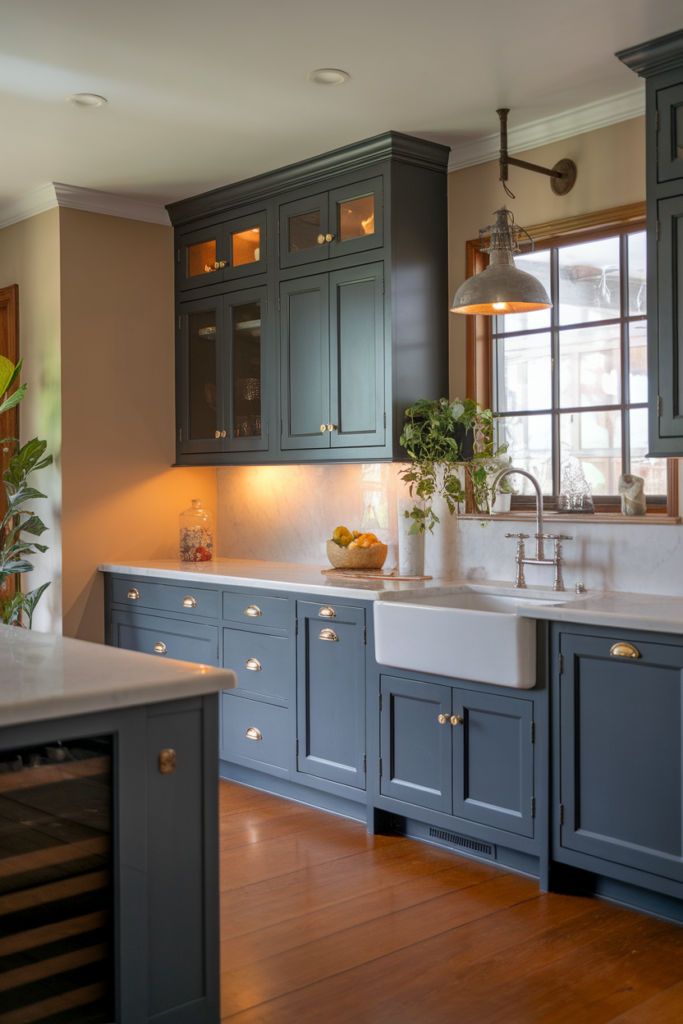 Modern kitchen with blue cabinets, farmhouse sink, marble countertop, and large window for natural light.