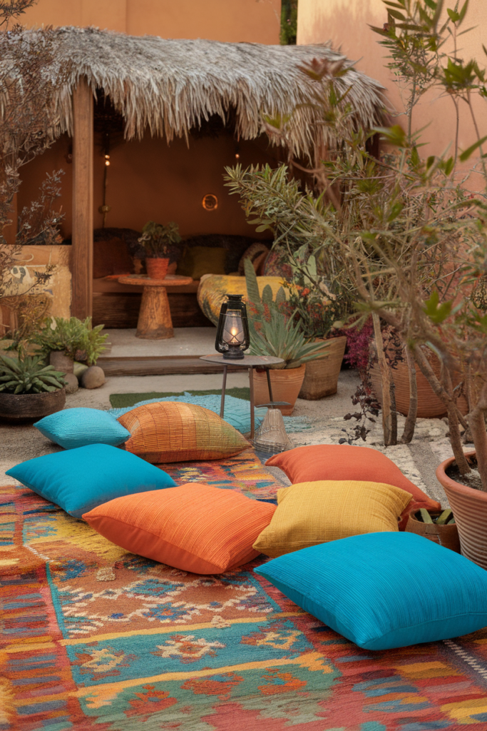 Colorful outdoor seating with vibrant pillows and cozy hut surrounded by plants. Perfect for a warm, inviting atmosphere.