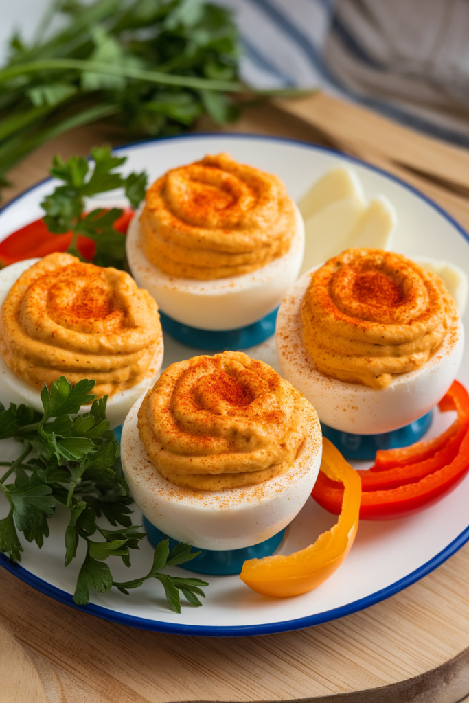 Plate of deviled eggs garnished with paprika, parsley, and sliced bell peppers for a colorful appetizer presentation.