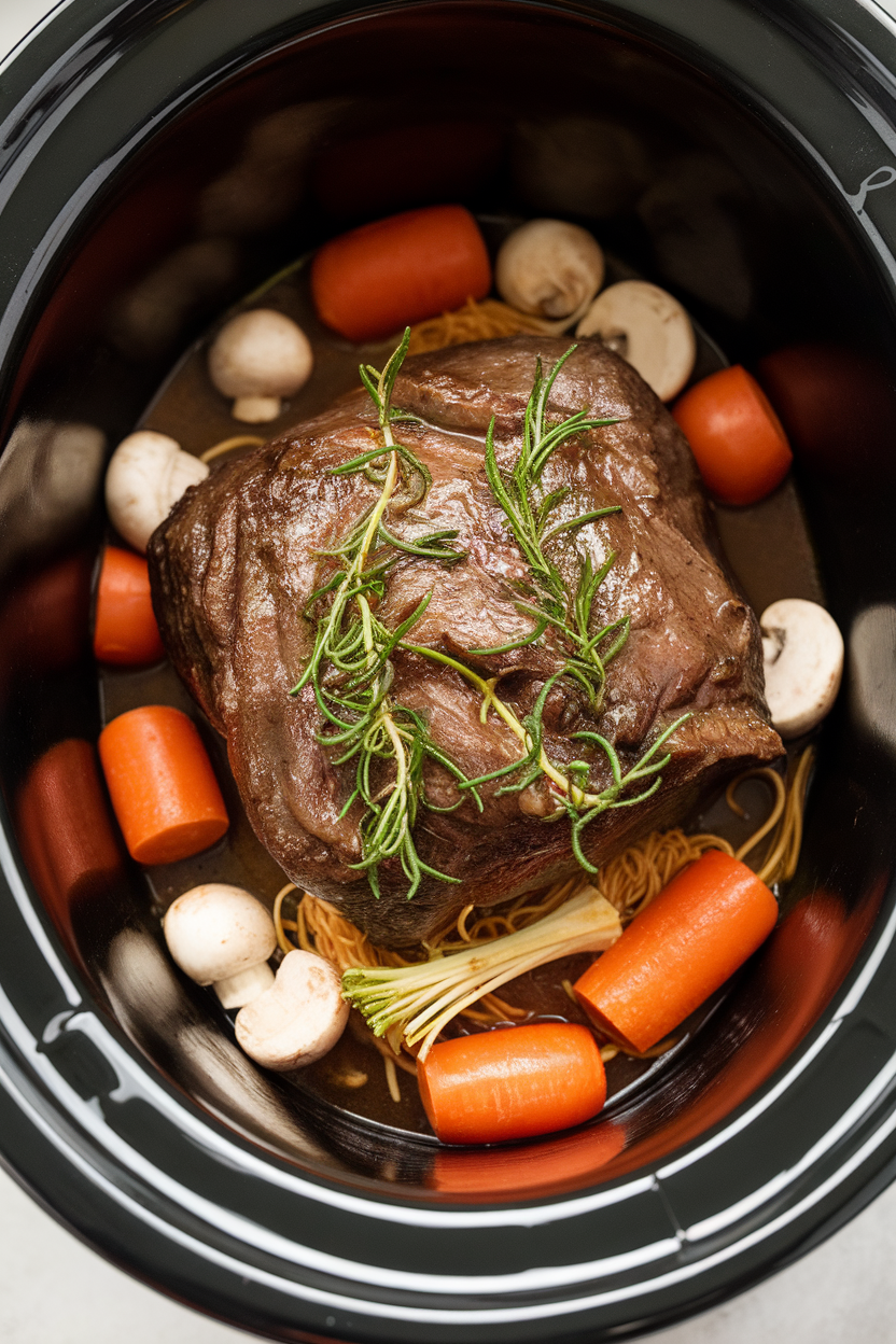 Slow-cooked pot roast with carrots, mushrooms, and rosemary in a slow cooker. Aromatic and tender comfort meal.