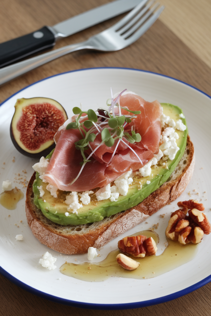 Gourmet avocado toast with prosciutto, feta, fig, and nuts on a white plate, beside fork and knife. Delicious brunch.