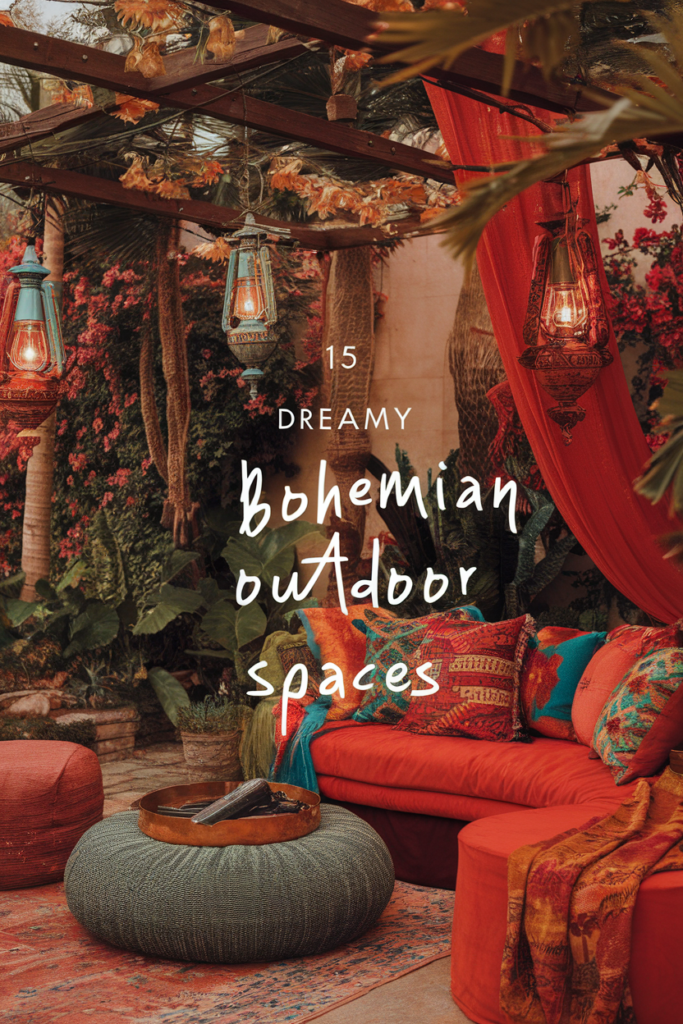 Bohemian outdoor lounge with vibrant pillows, lanterns, and lush plants creating a cozy, dreamy ambiance.