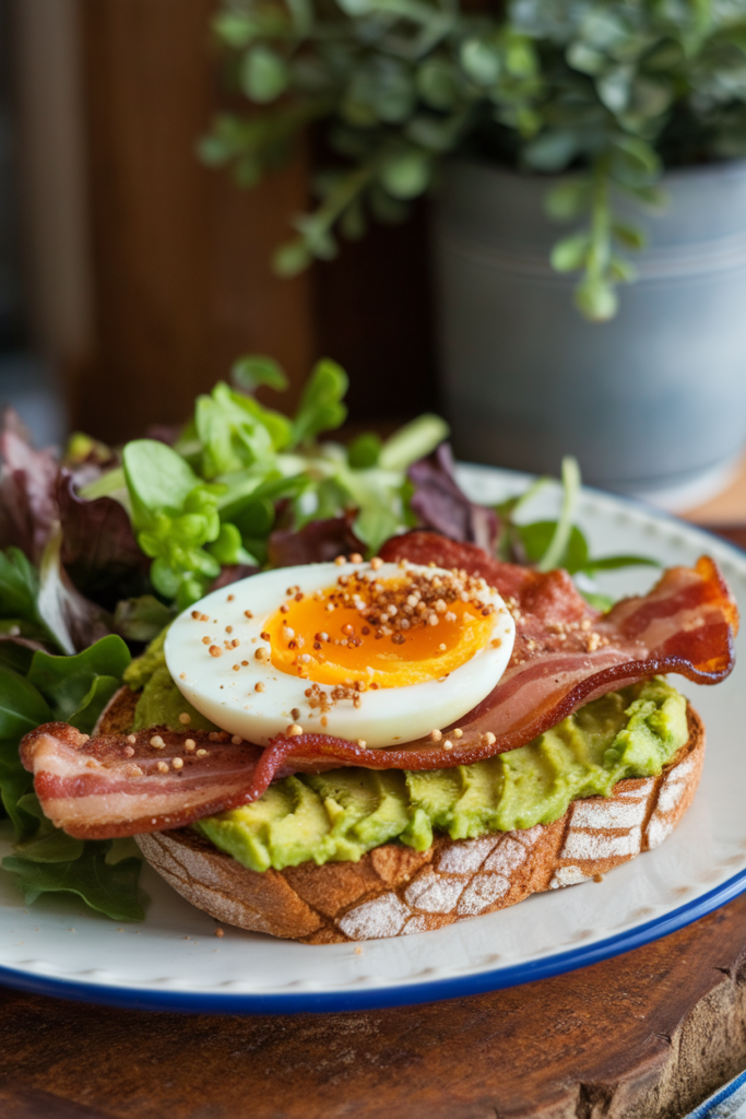 Open-faced avocado toast with bacon, soft-boiled egg, and greens on a rustic plate.