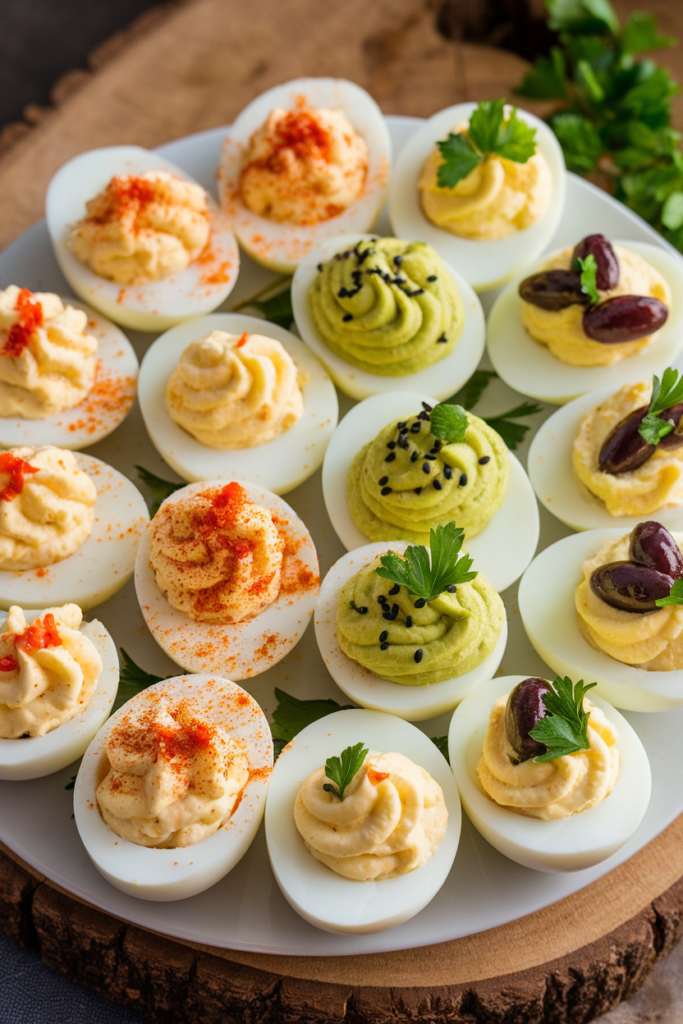 Plate of assorted deviled eggs, garnished with paprika, olives, parsley, and black sesame seeds.