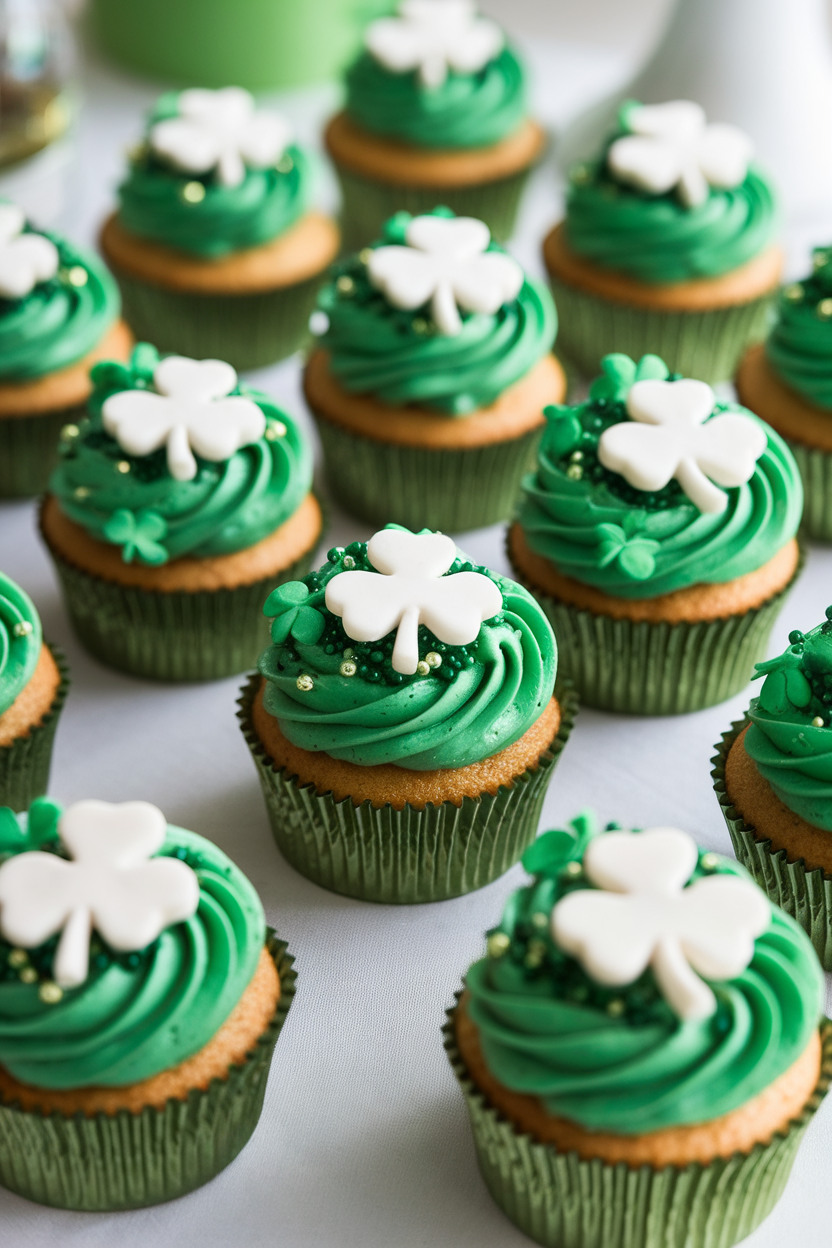 Festive St. Patrick's Day cupcakes with green frosting and shamrock toppers in green wrappers.