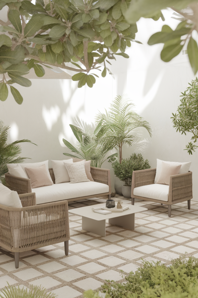 Modern outdoor patio with wicker furniture, lush green plants, and geometric flooring, creating a serene, inviting space.