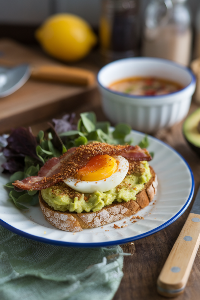 Avocado toast with crispy bacon, soft-boiled egg, and greens on a plate, perfect for a delicious brunch.