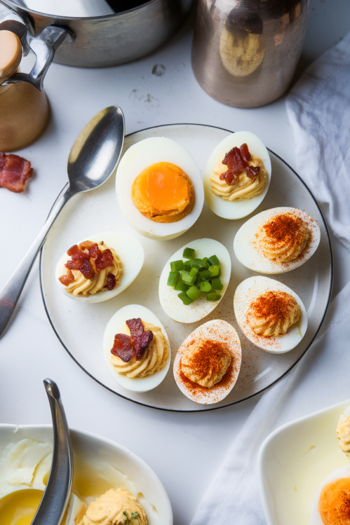 Plate of deviled eggs topped with bacon, green onions, and paprika, served with a spoon on a white table.