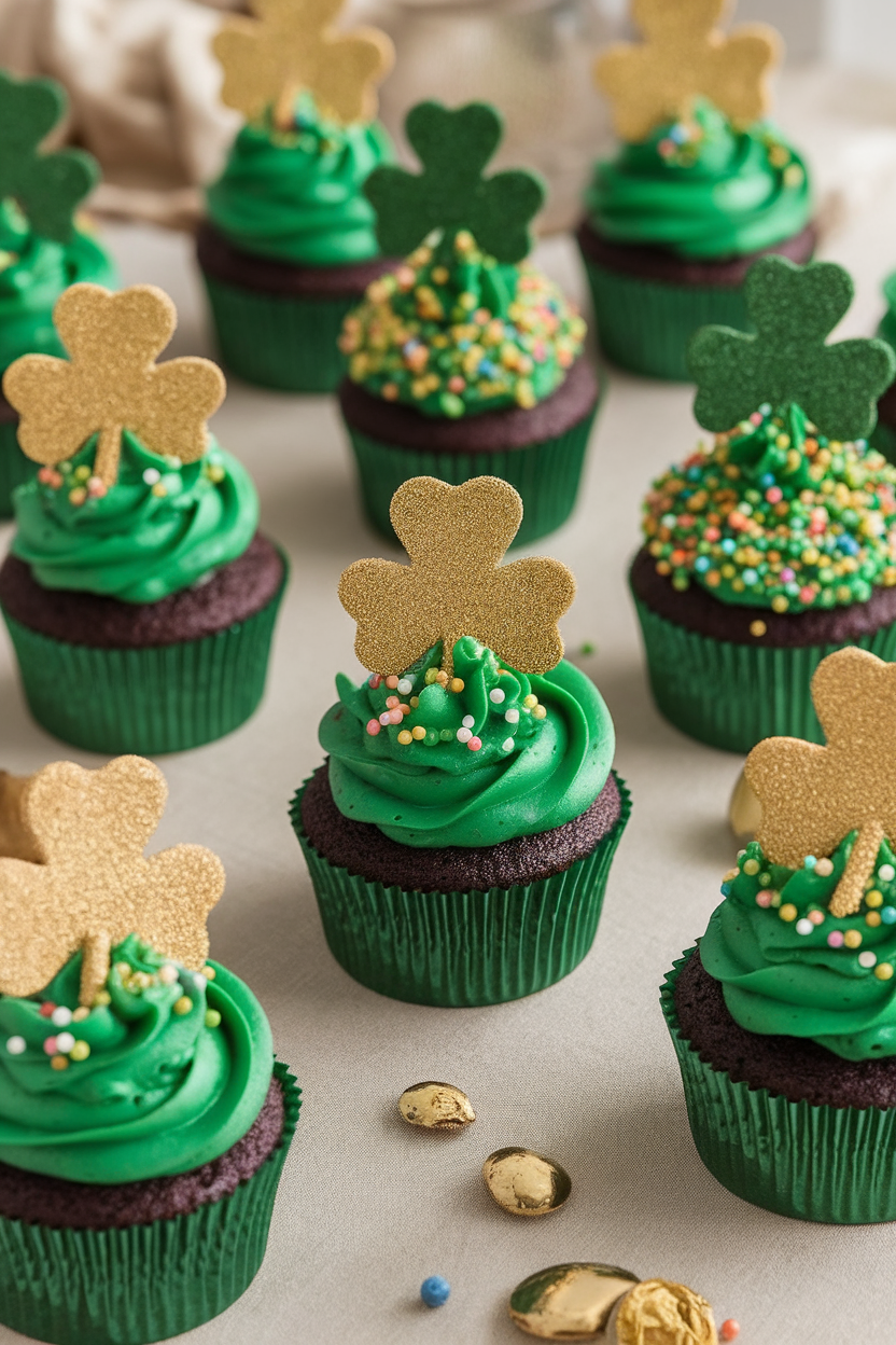 Festive St. Patrick's Day cupcakes with green frosting and golden shamrock toppers on a decorative table.