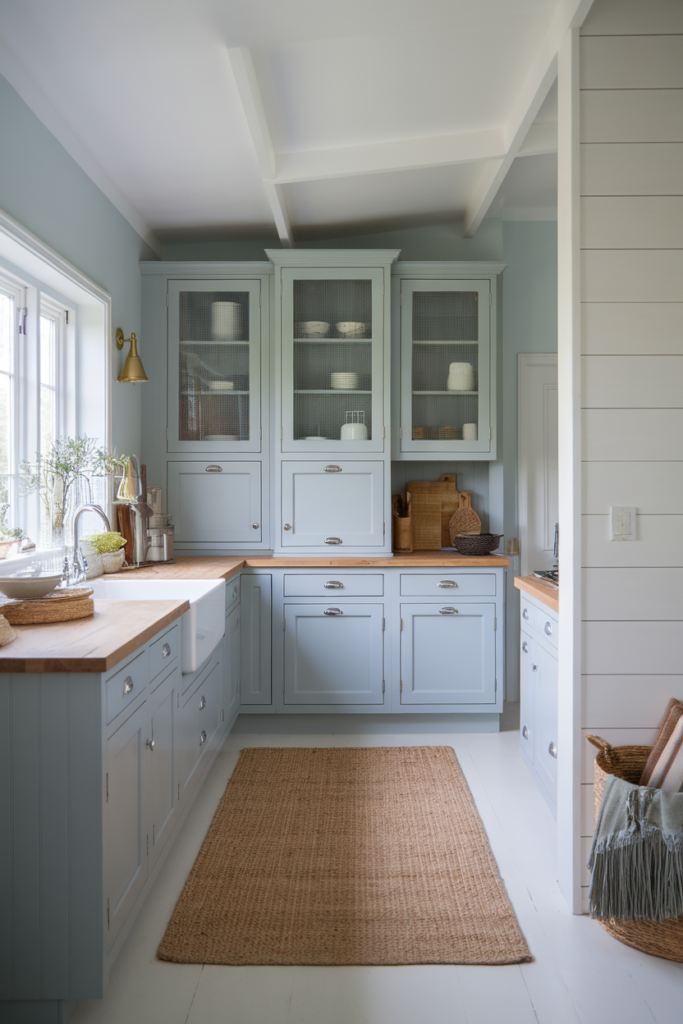 Cozy kitchen with light blue cabinets, natural wood countertop, and woven rug, complementing a farmhouse design.