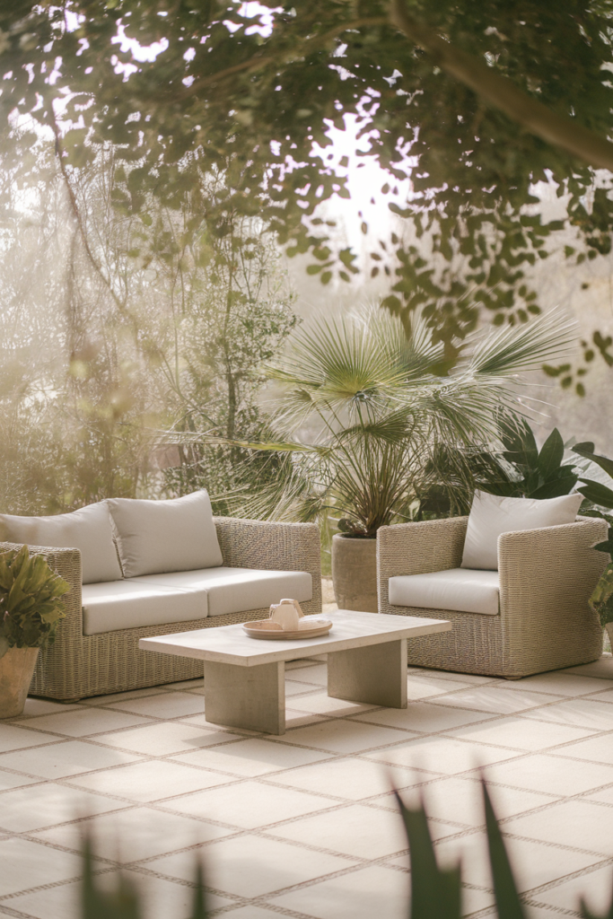 Outdoor patio with wicker seating, cushioned sofa, chairs, and coffee table amidst lush greenery.