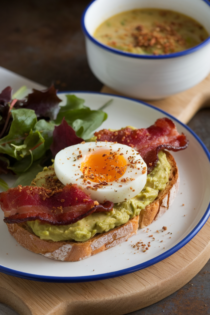 Avocado toast with bacon and soft-boiled egg served with salad and soup on a wooden board.