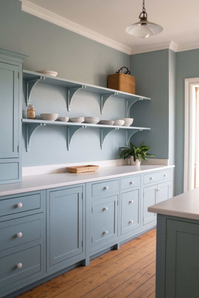 Chic blue kitchen with wooden cabinets, open shelving, and rustic decor for a minimalist modern look.