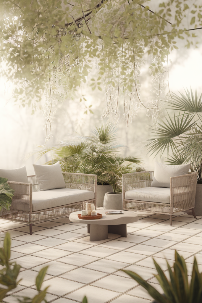 Stylish outdoor seating area with wicker chairs, lush plants, and a round table on a tiled patio.