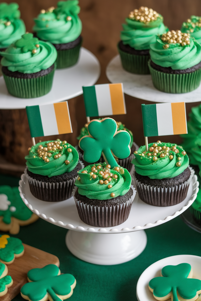 St. Patrick's Day cupcakes with green icing, shamrock decorations, and Irish flags on a cake stand.