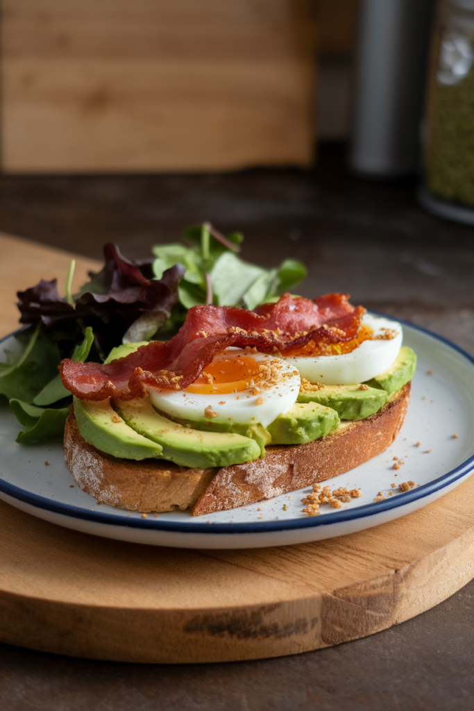 Avocado toast with poached eggs, crispy bacon, and fresh greens on a white plate, perfect for a healthy breakfast.