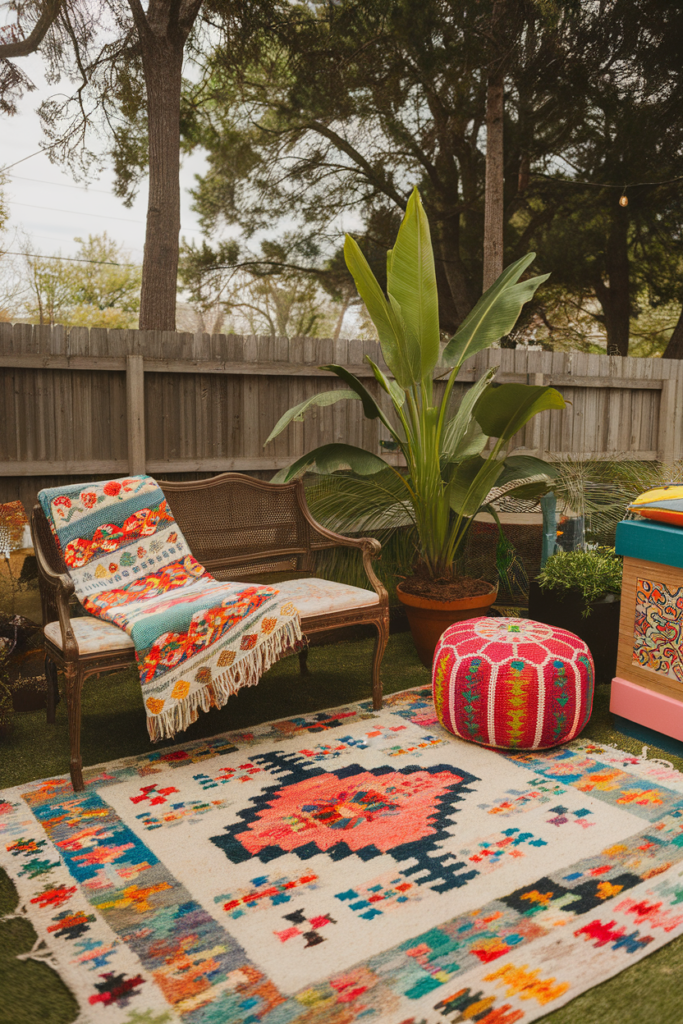 Cozy outdoor garden with colorful rug, woven bench, vibrant pouf, and potted plant in sunny setting.