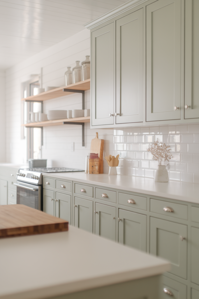 Modern kitchen with green cabinets, subway tiles, and open shelves with jars and dishes. Cozy and stylish design.