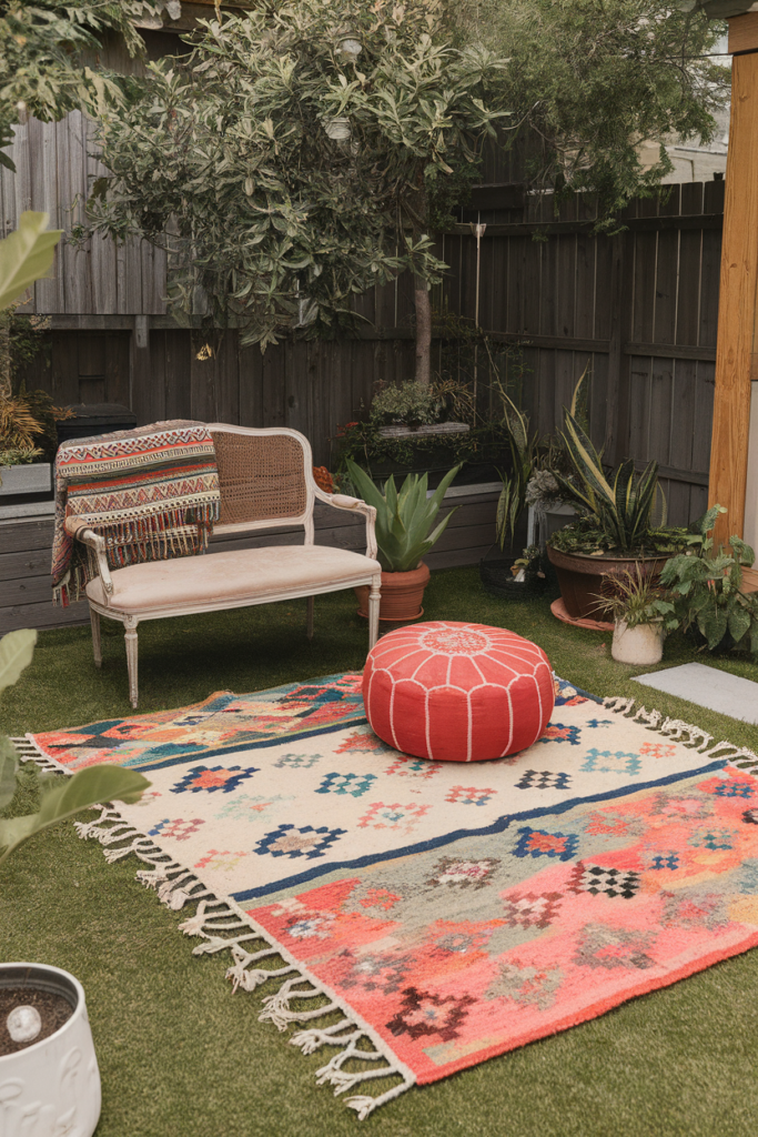 Cozy garden nook with colorful rug, red pouf, bench, and lush plants, creating a serene outdoor retreat.