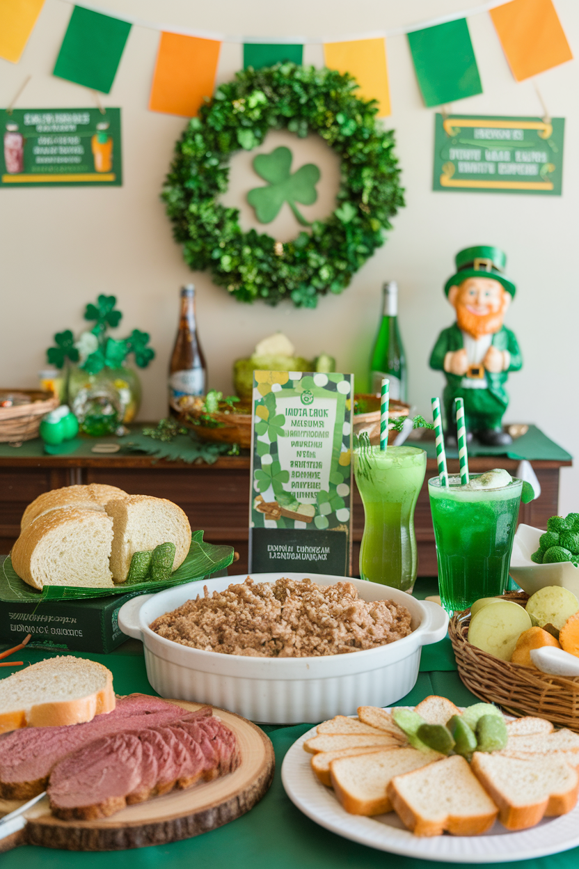 St. Patrick's Day feast with festive decorations, traditional food, green drinks, and a leprechaun statue.