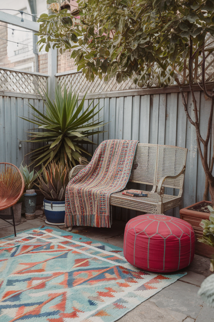 Cozy patio with a woven bench, colorful blanket, vibrant rug, and lush plants for a relaxing outdoor retreat.