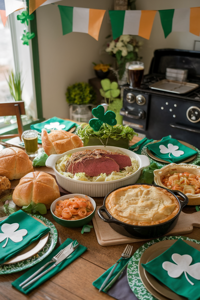 Festive St. Patrick's Day meal with corned beef, potatoes, and shamrock decor on a dining table.