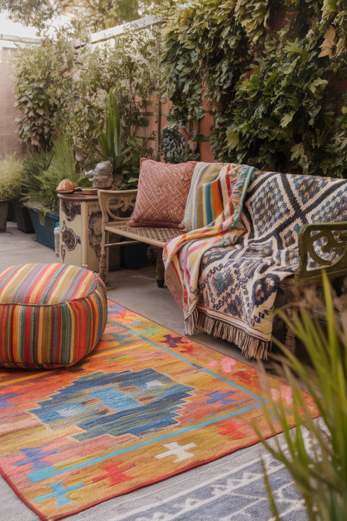 Colorful outdoor patio with patterned rug and cushions, surrounded by lush greenery. Relaxing decor setting.