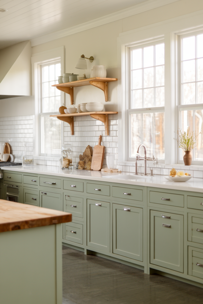 Bright kitchen with green cabinets, white subway tiles, wooden shelves, and natural light through large windows.