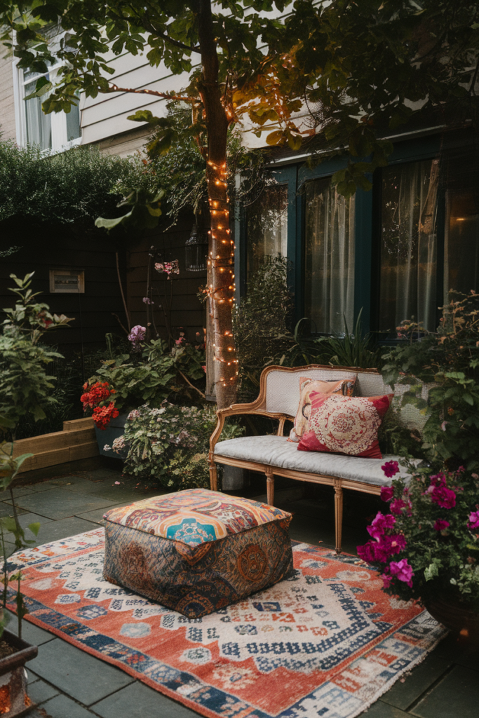 Cozy garden nook with bench, colorful cushions, patterned rug, and string lights on a tree. Relaxing outdoor decor.