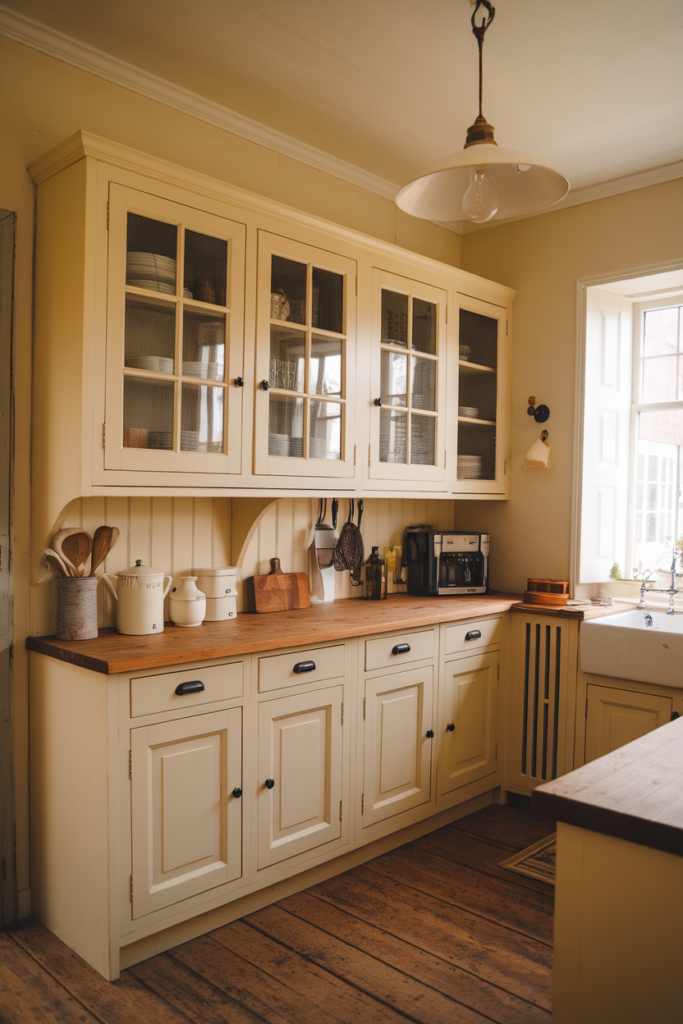 Cozy vintage kitchen with cream cabinets, wooden countertop, and bright natural light.