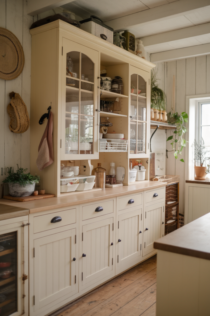 Cozy kitchen with beige cabinets, wooden countertops, potted plants, and vintage decor on a sunny day.