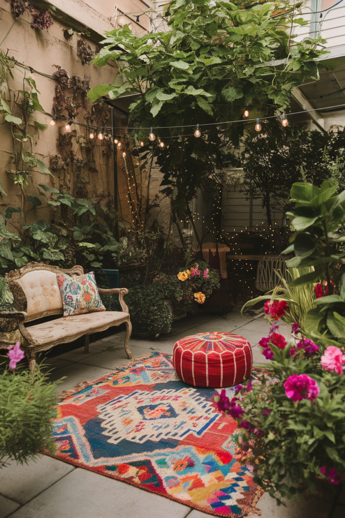 Cozy bohemian patio with colorful rug, vintage sofa, pouf, and vibrant plants under string lights.