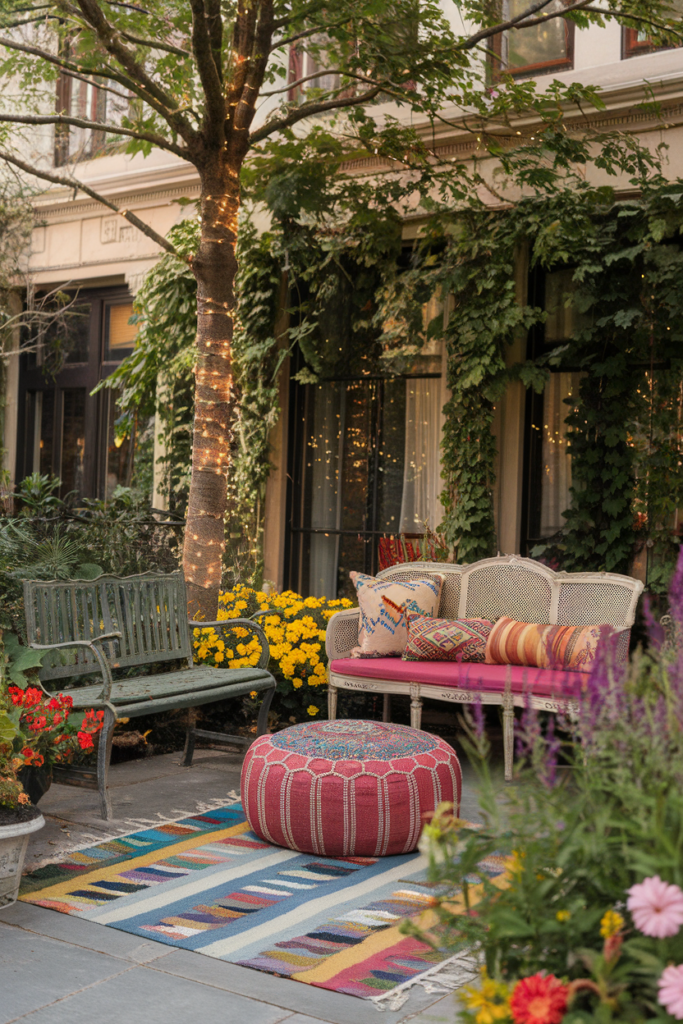 Cozy outdoor patio with colorful seating, vibrant pillows, a patterned rug, and fairy lights. Perfect for relaxation.